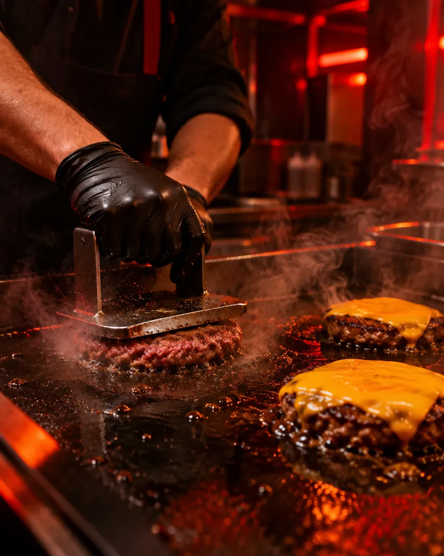 Steak smashé sur la plancha en cuisine — L'Inter Frenchy à Colmar
